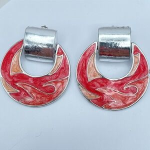 Vintage 80s Red Orange Enamel Door‎ Knocker Clip-On Earrings Silver Tone Jewelry